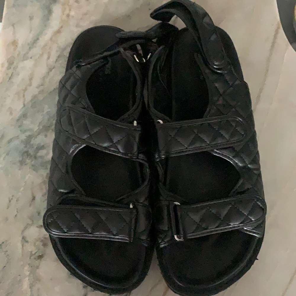 Black faux leather strap back sandals